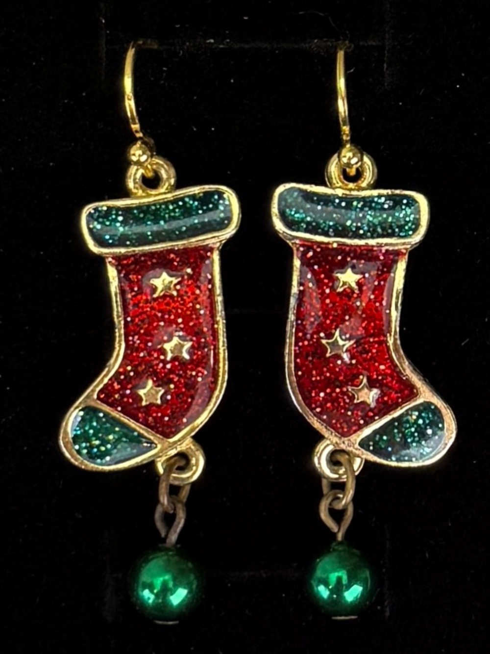 Darling Goldtone red and green holiday Christmas stocking pierced earrings